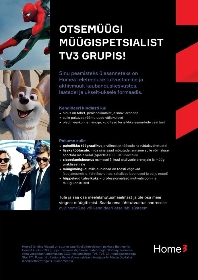 TV PLAY BALTICS AS Müügispetsialist Tartus! Tule tööle TV3 Gruppi!