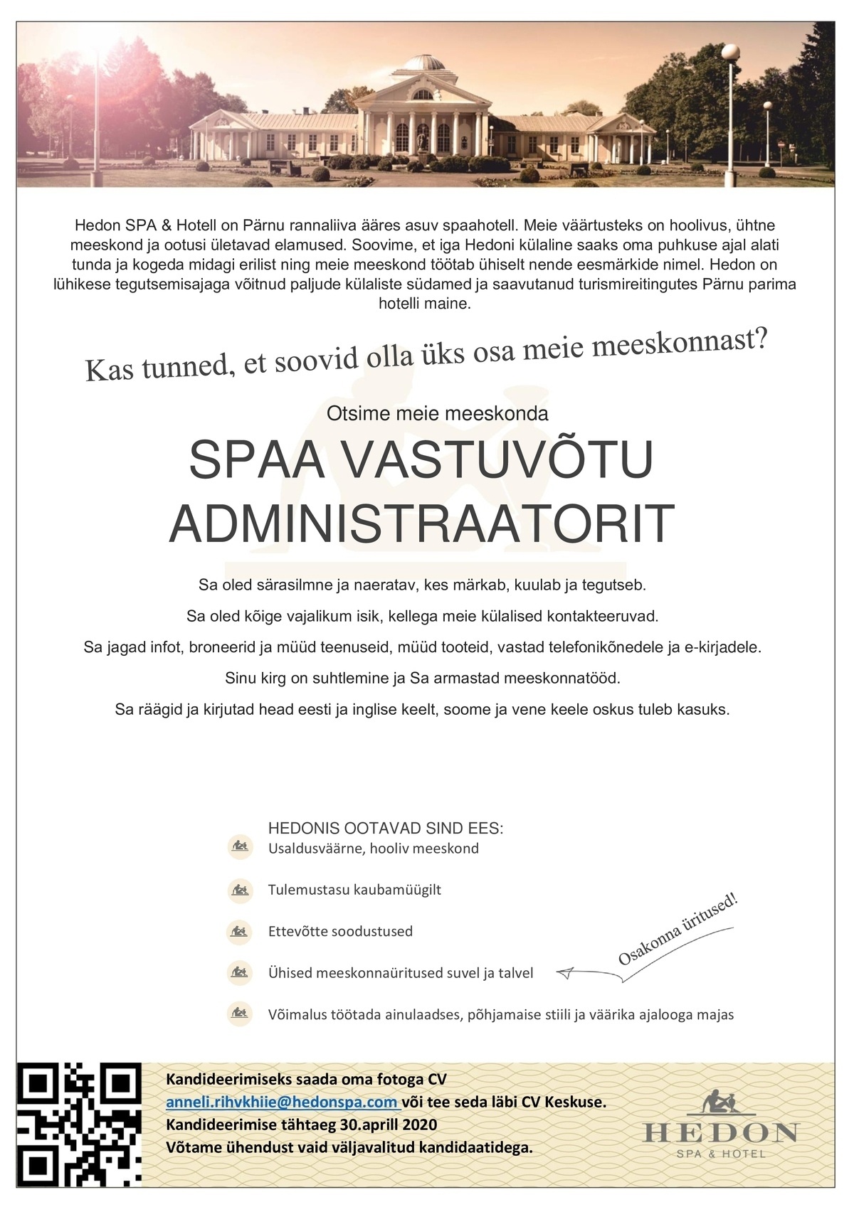 Supeluse Hotell OÜ Hedon SPA & HOTEL Spaa vastuvõtu administraator