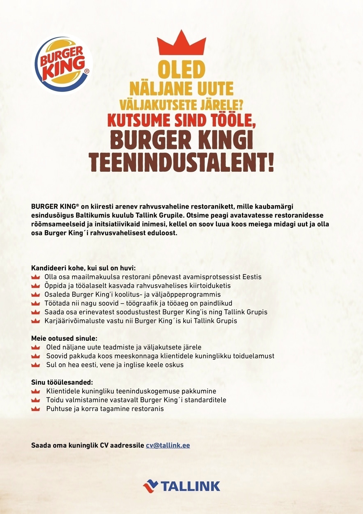 Tallink Grupp AS Burger King'i teenindustalent (Ülemiste keskus)