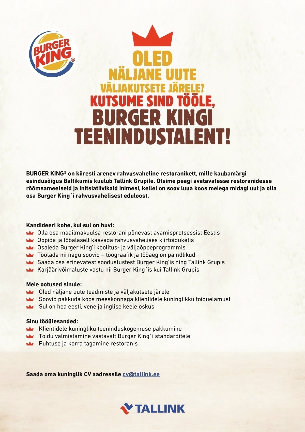 Tallink Grupp AS Burger King'i teenindustalent (Balti jaam)