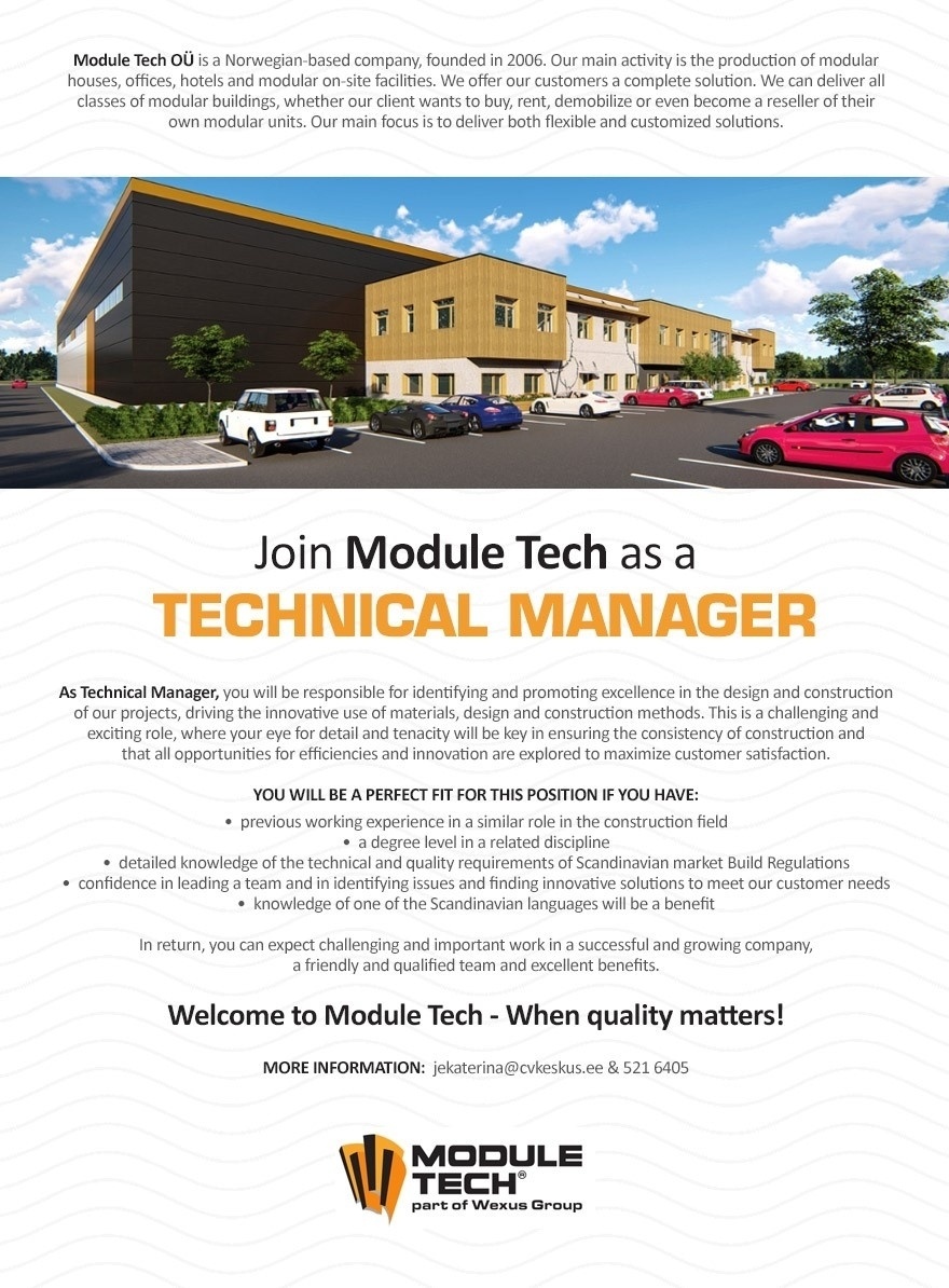 Module Tech OÜ Technical manager for modular buildings production