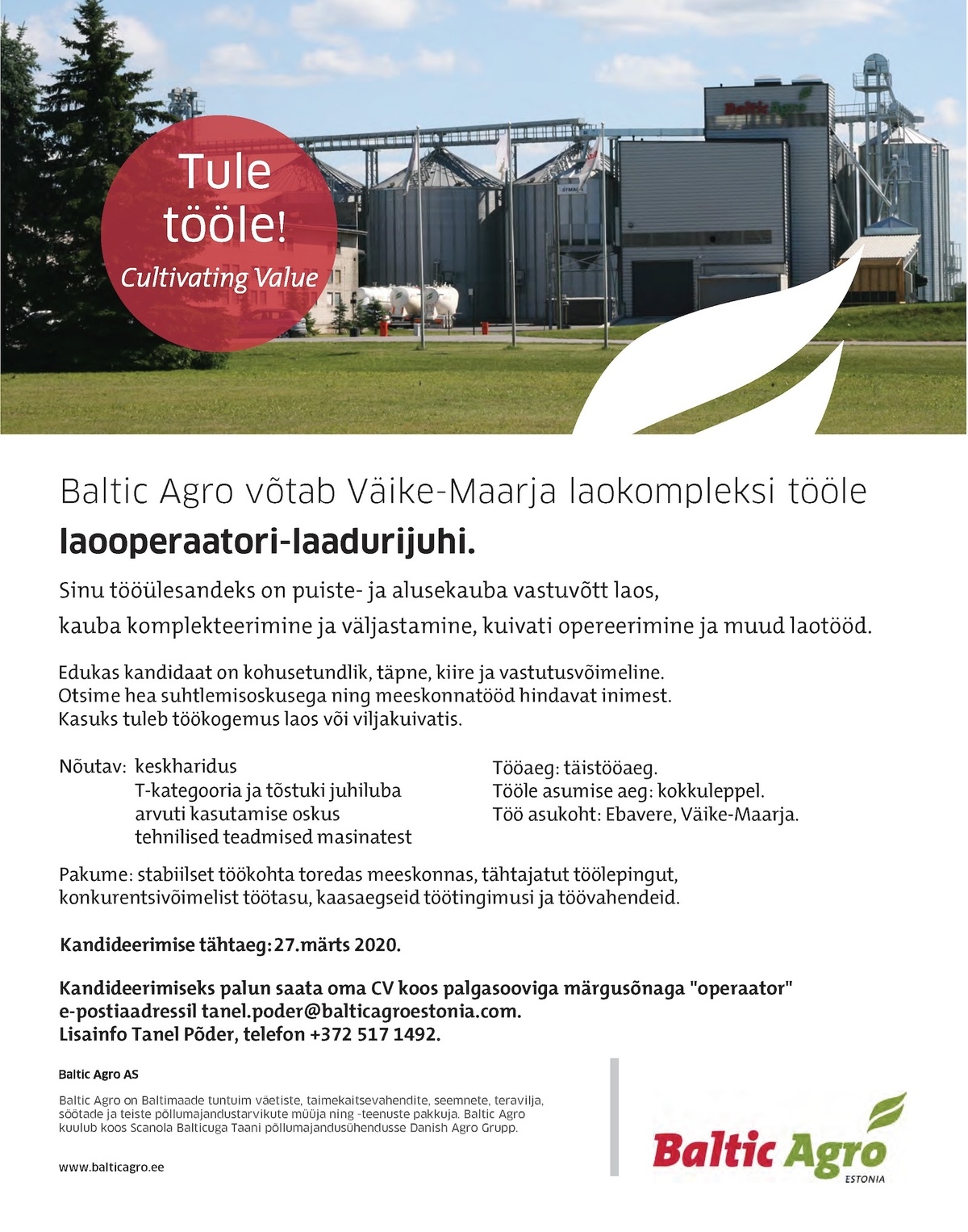 Baltic Agro AS Laooperaator-laadurijuht