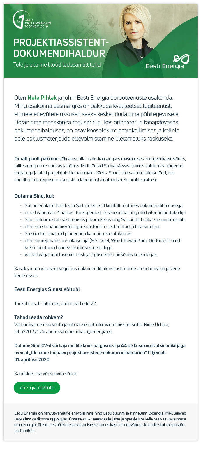 Eesti Energia AS PROJEKTIASSISTENT-DOKUMENDIHALDUR
