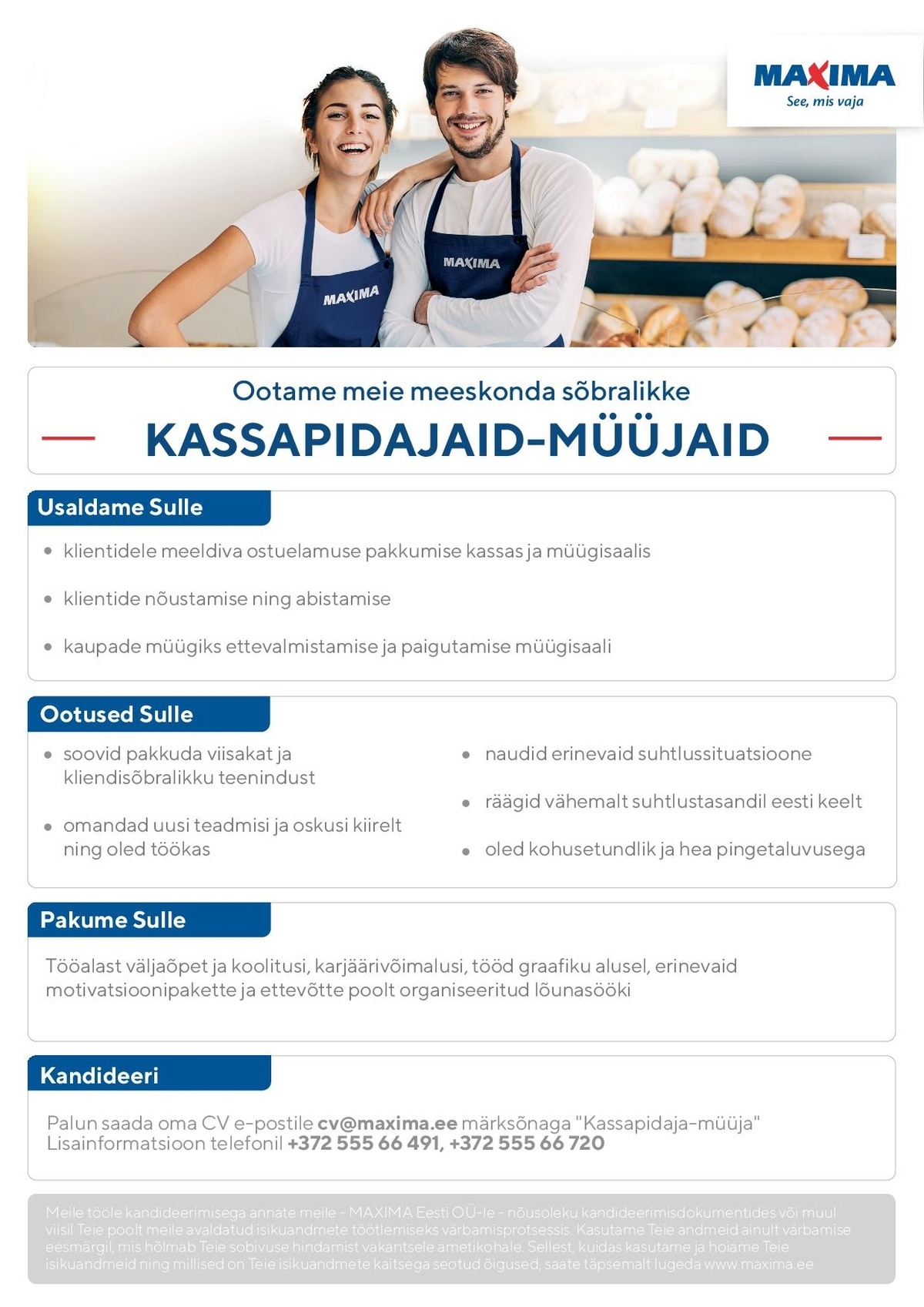 Maxima Eesti OÜ Kassapidaja-müüja Paldiski Maximas (Rae 14b,  14c)