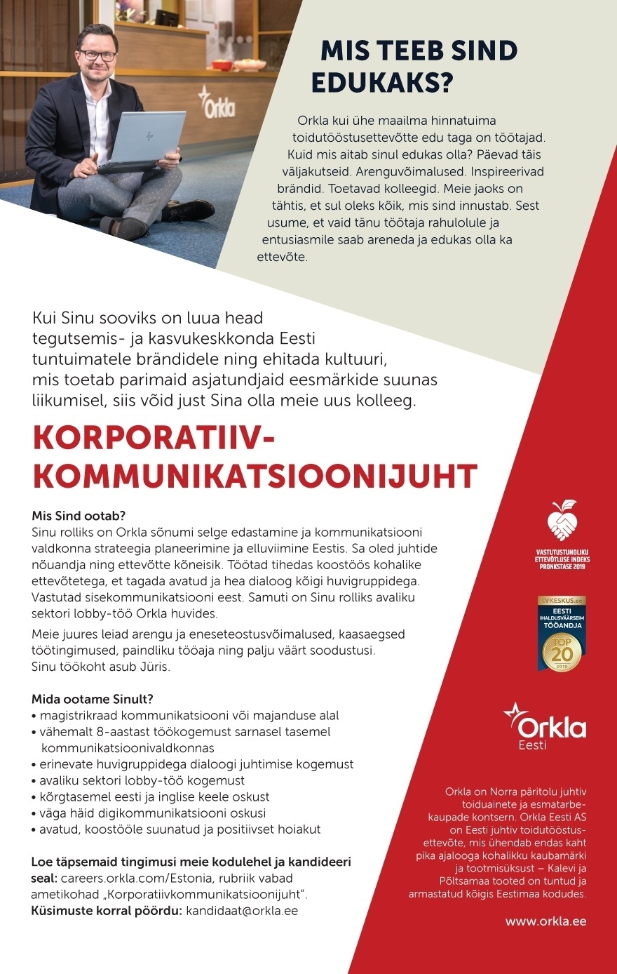 Orkla Eesti AS (Kalev ja Põltsamaa Felix) Korporatiivkommunikatsioonijuht