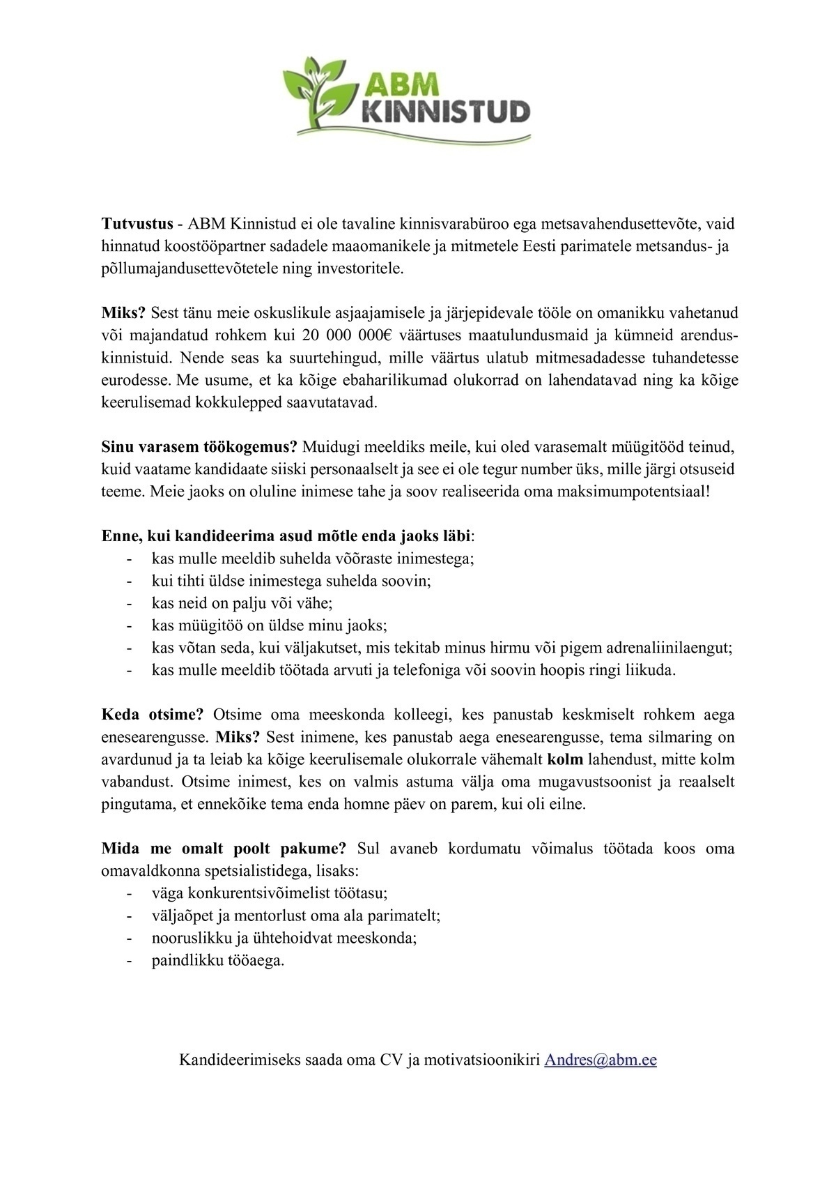 ABM KINNISTUD OÜ Müügiproff!