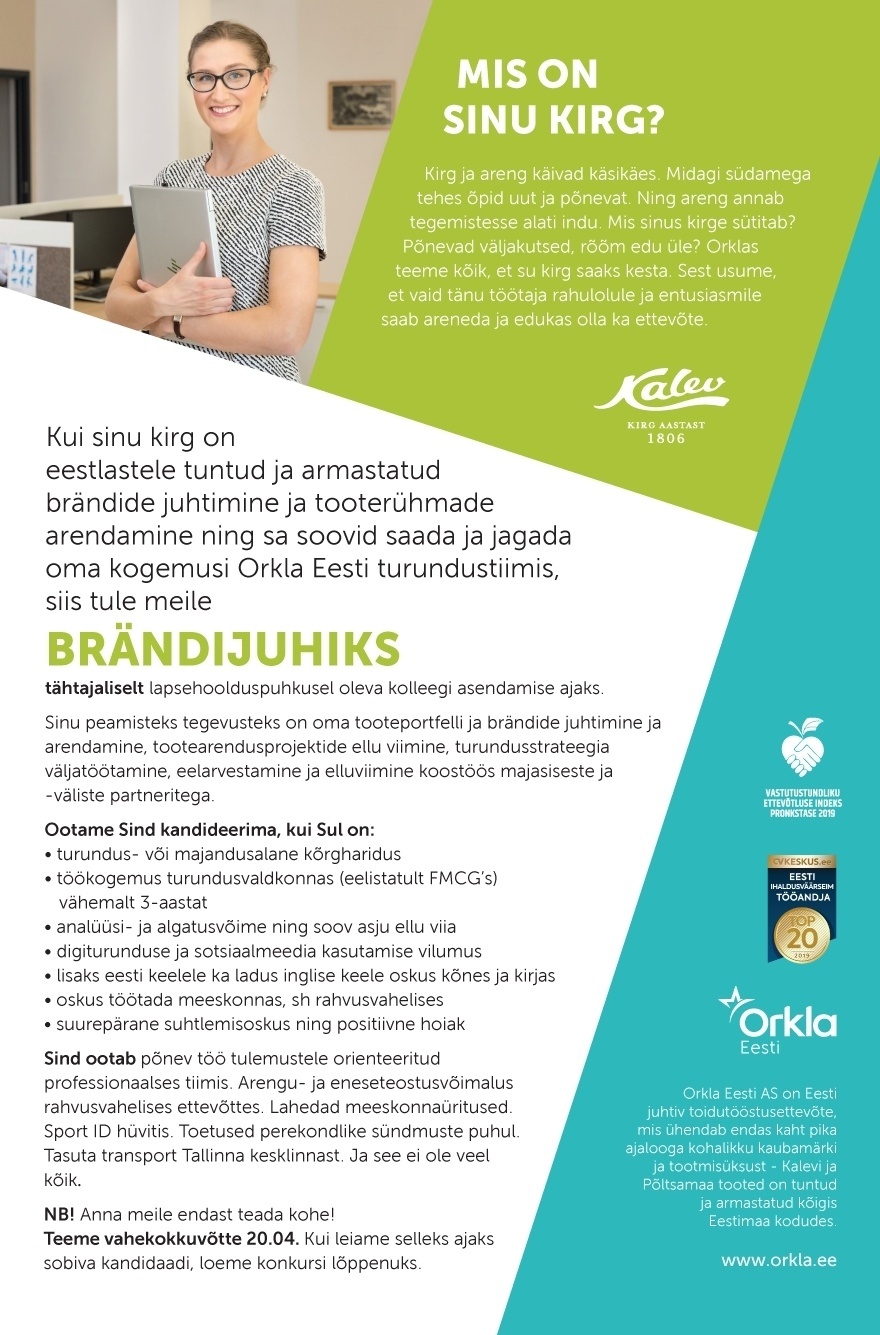 Orkla Eesti AS (Kalev ja Põltsamaa Felix) Brändijuht