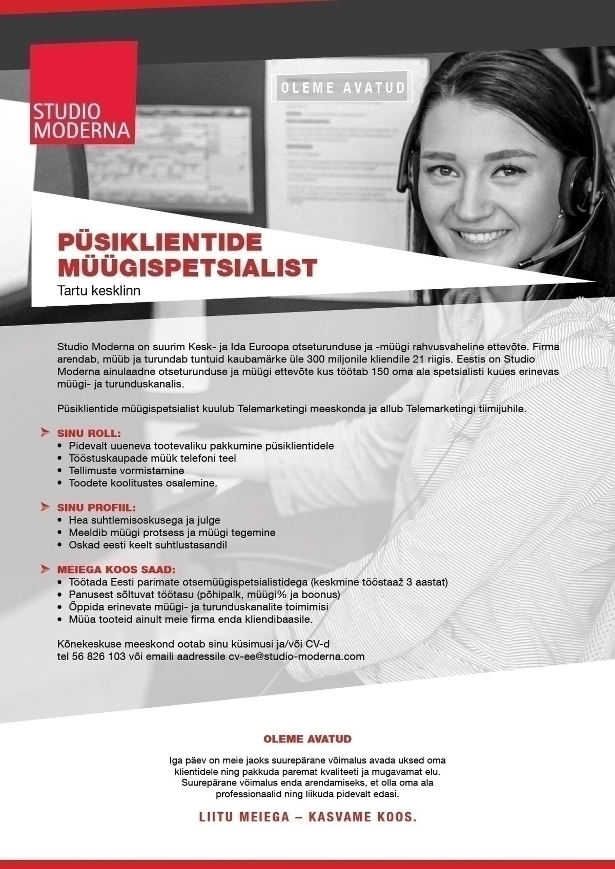 STUDIO MODERNA OÜ Klienditeeninduse ja müügispetsialist Tartus