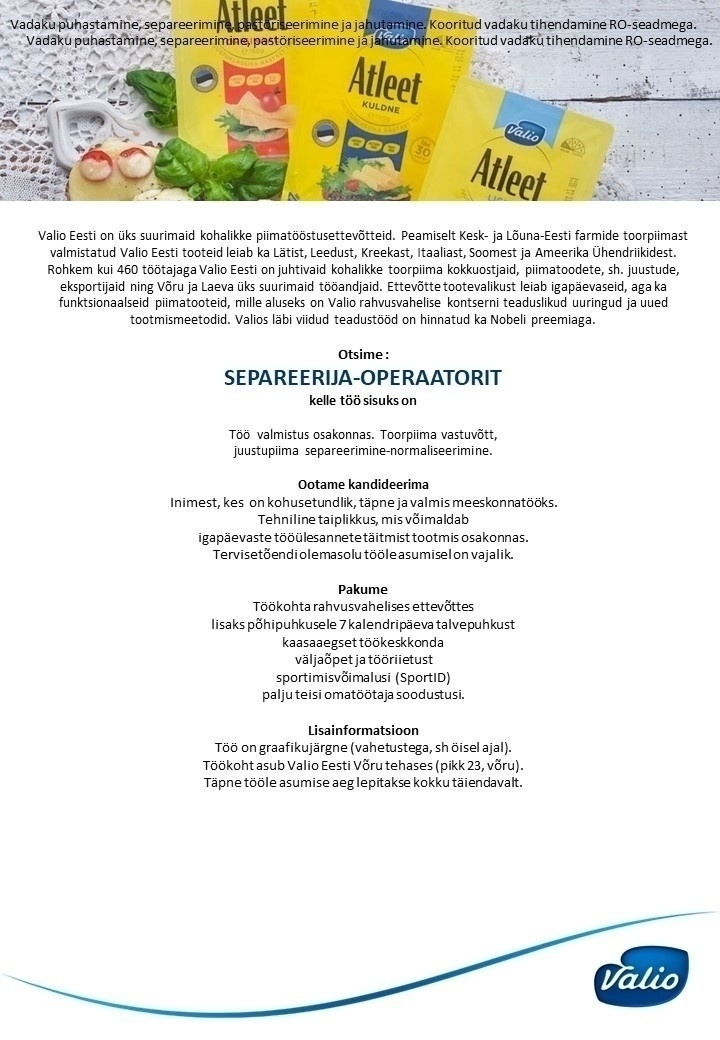 Valio Eesti AS Separeerija-operaator