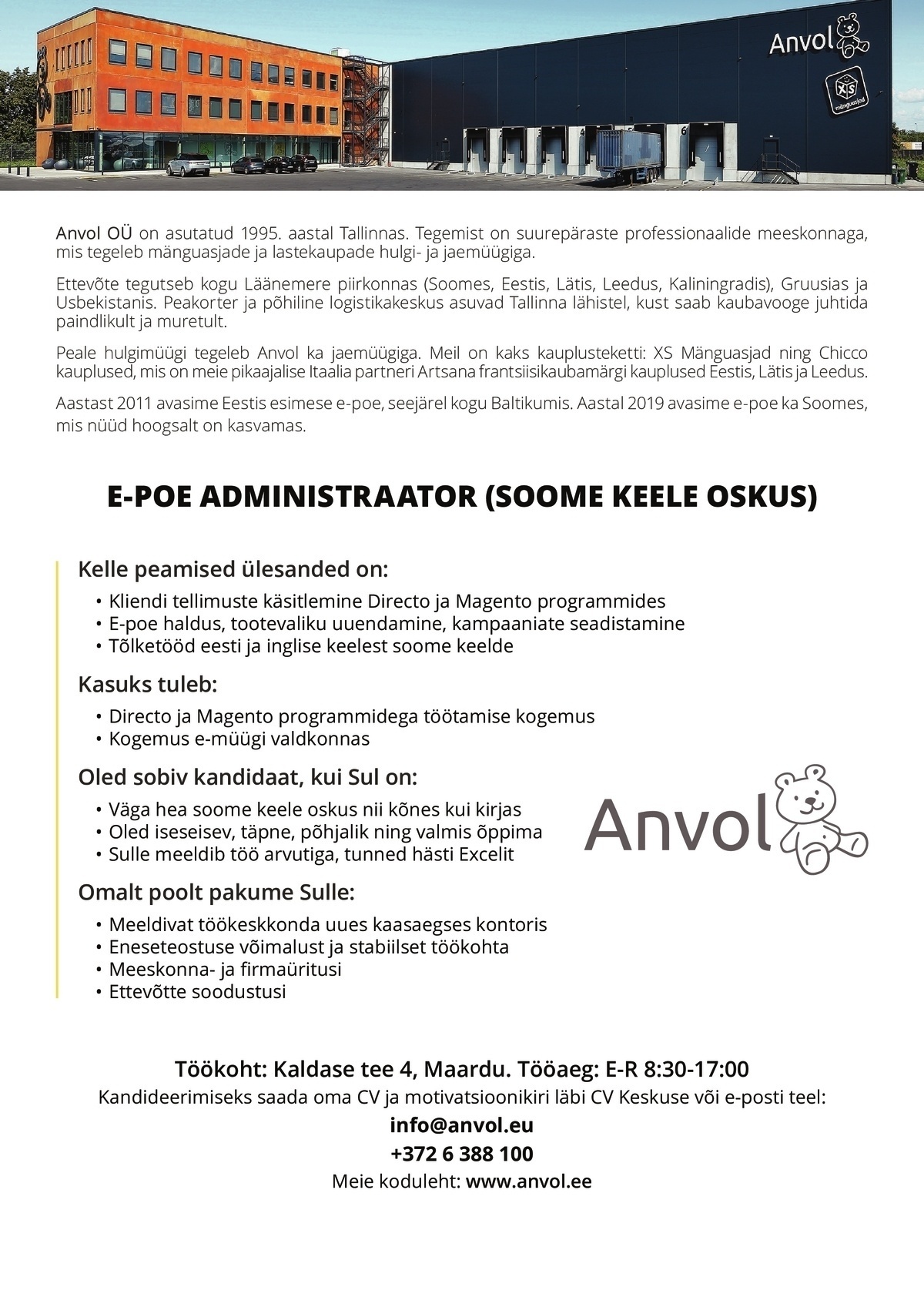 Anvol OÜ E-poe administraator (soome keele oskus)