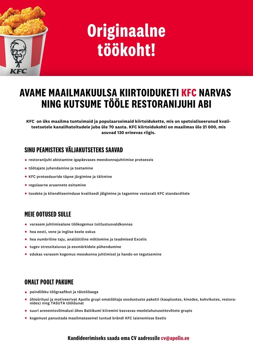 APL Fresh Food OÜ KFC NARVAS kutsub tööle RESTORANIJUHI ABI!