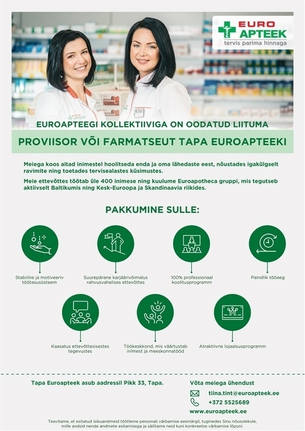Euroapteek OÜ Proviisor või farmatseut Tapa apteeki 