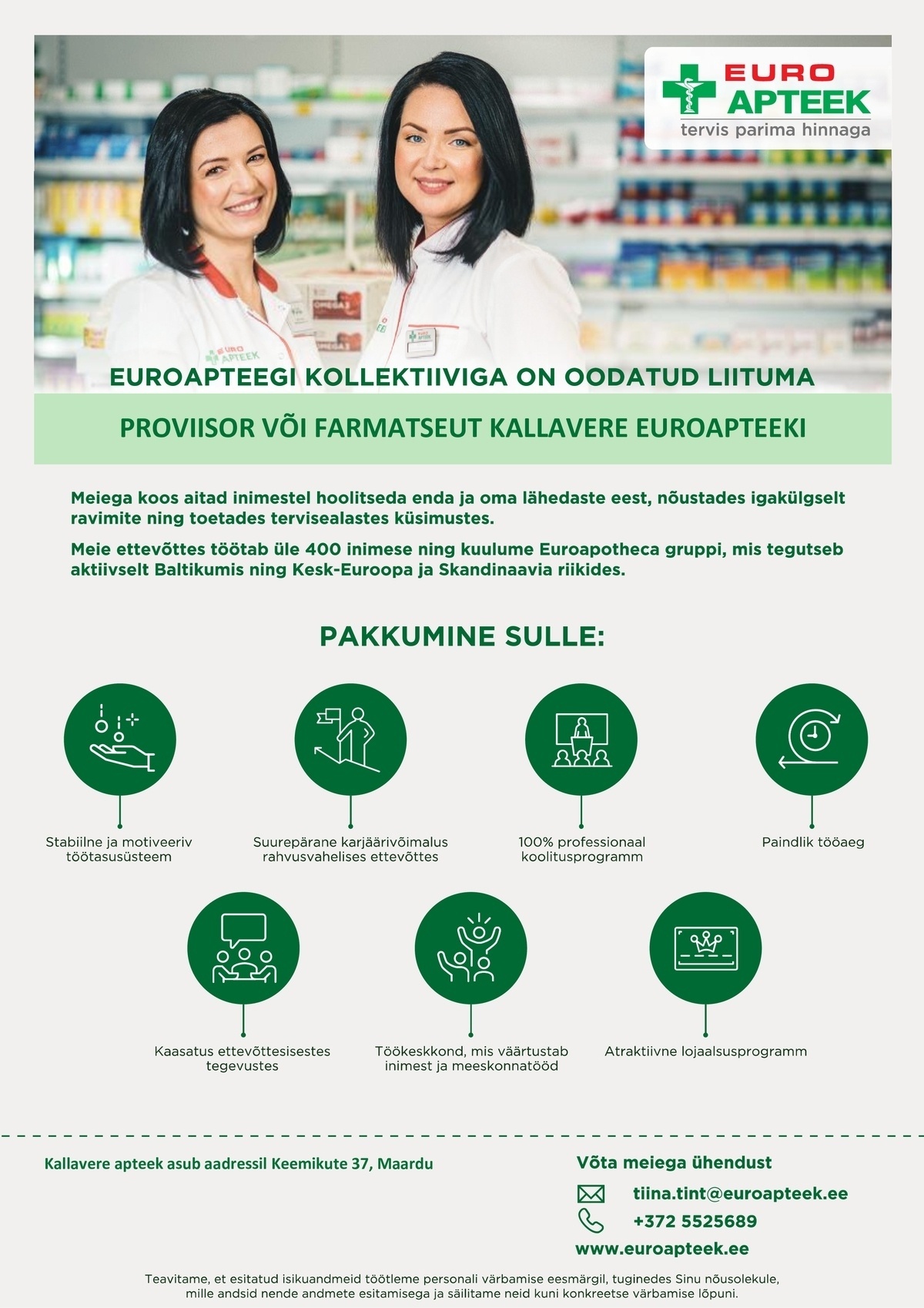 Euroapteek OÜ Proviisor või farmatseut Kallavere  apteeki
