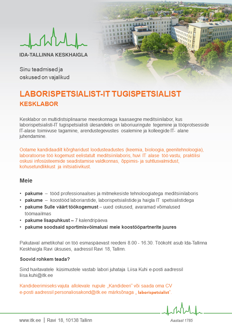 AS Ida-Tallinna Keskhaigla Laborispetsialist-IT tugispetsialist