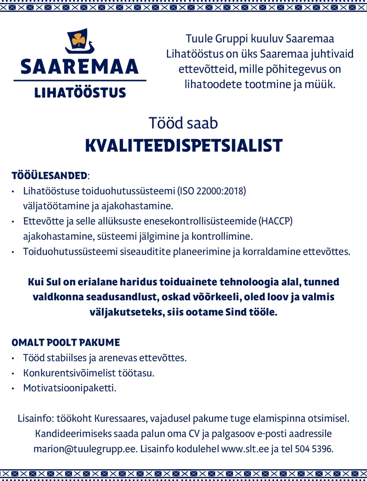 Saaremaa Lihatööstus OÜ Kvaliteedispetsialist