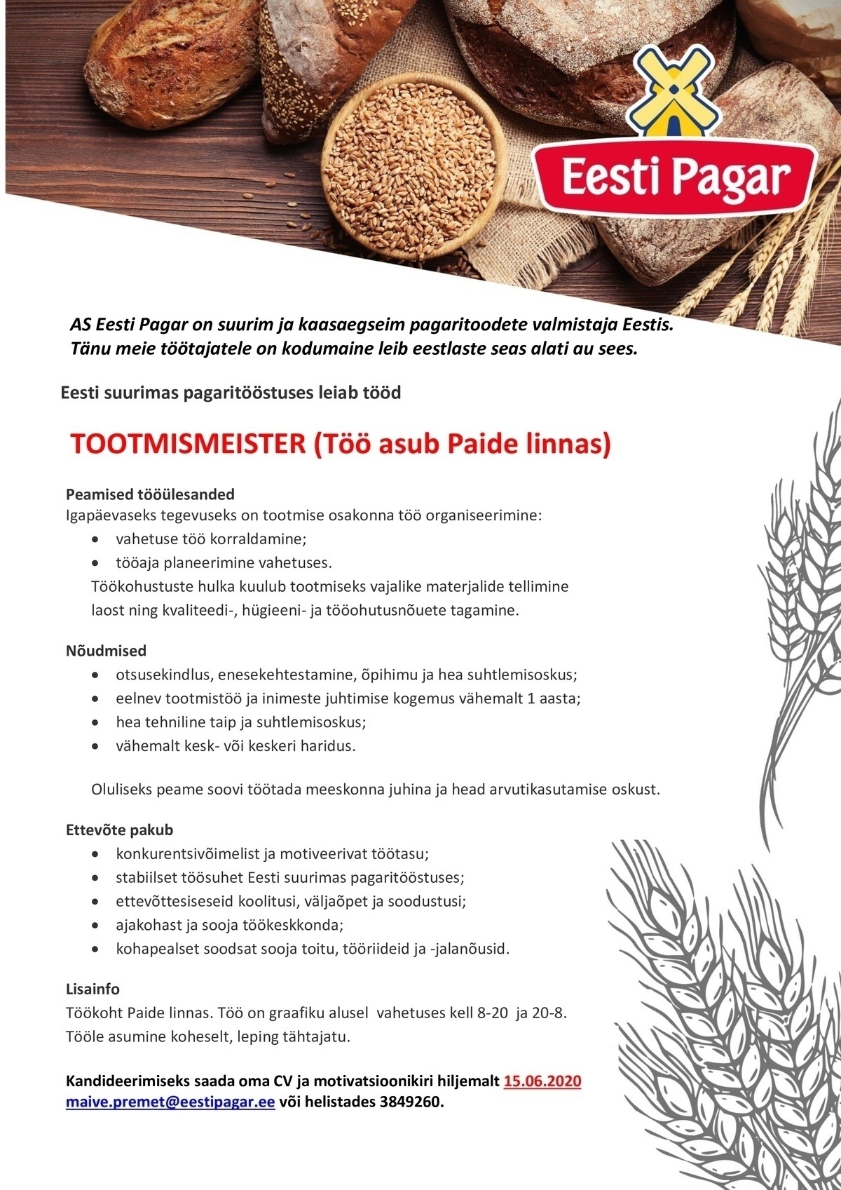Eesti Pagar AS Tootmismeister (Töökoht Paide linnas)