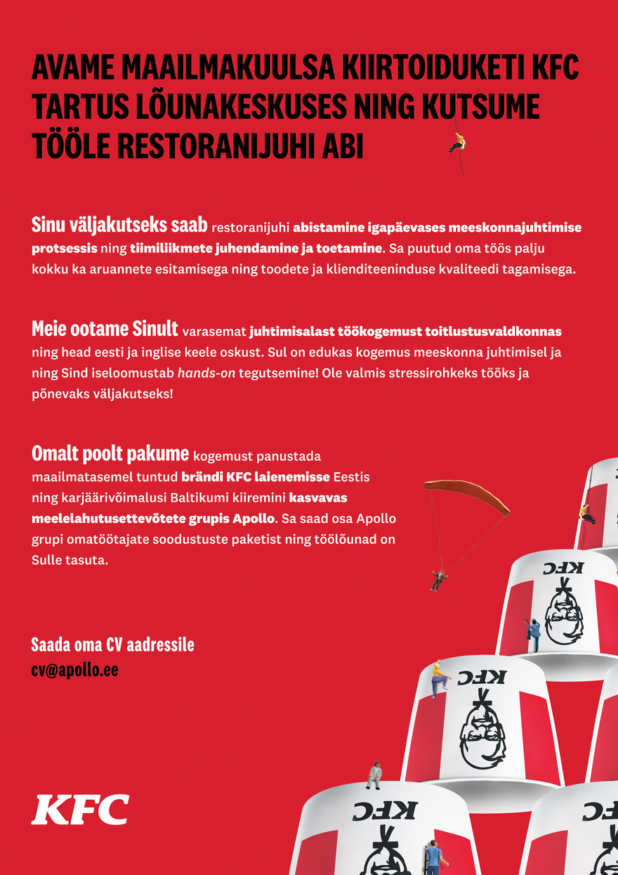 Apollo Group KFC Tartu kutsub tööle RESTORANIJUHI ABI