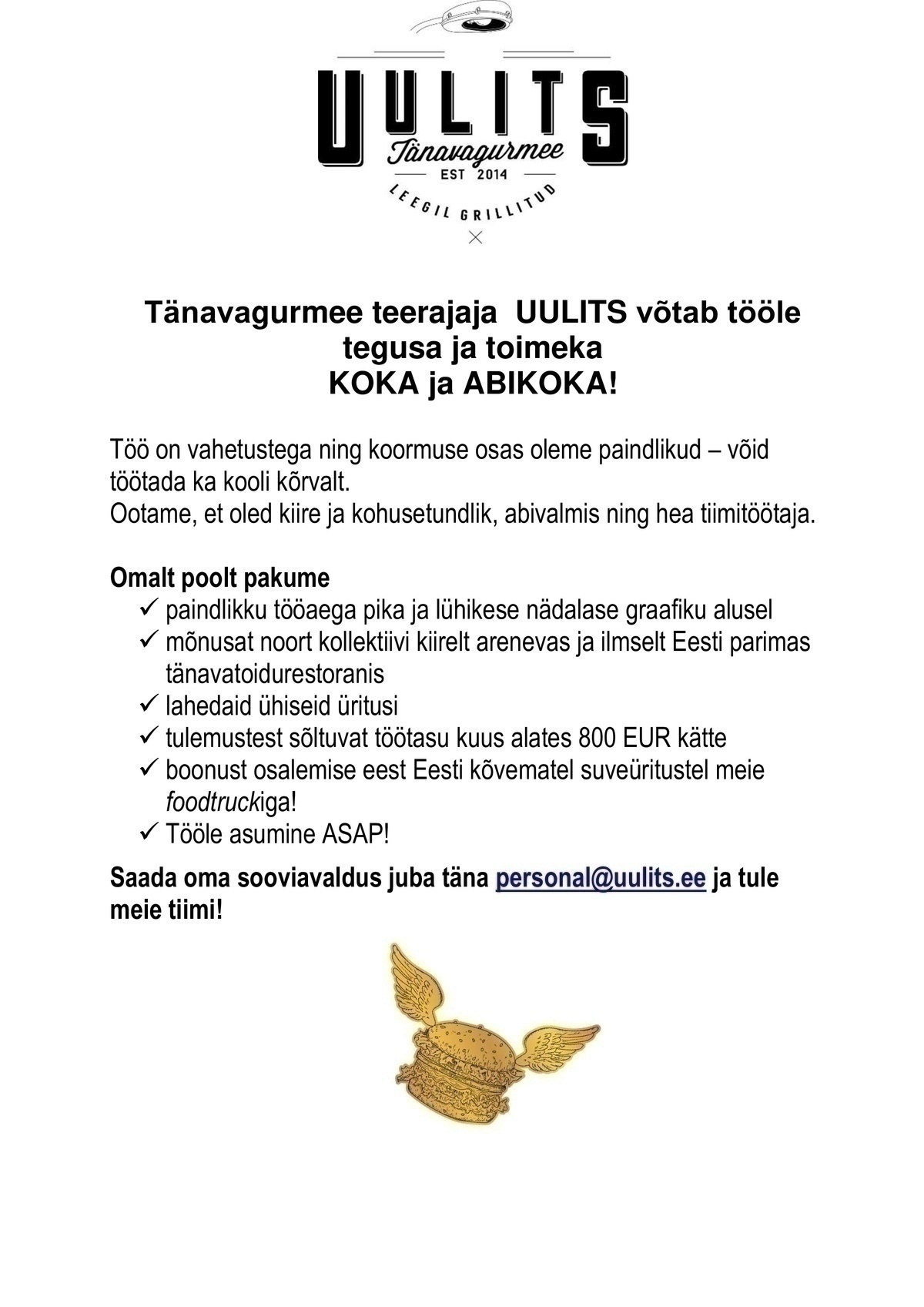 Uulits Tänavagurmee / OÜ Kaks Kokka Kokk/abikokk Kadaka Uulitsasse 