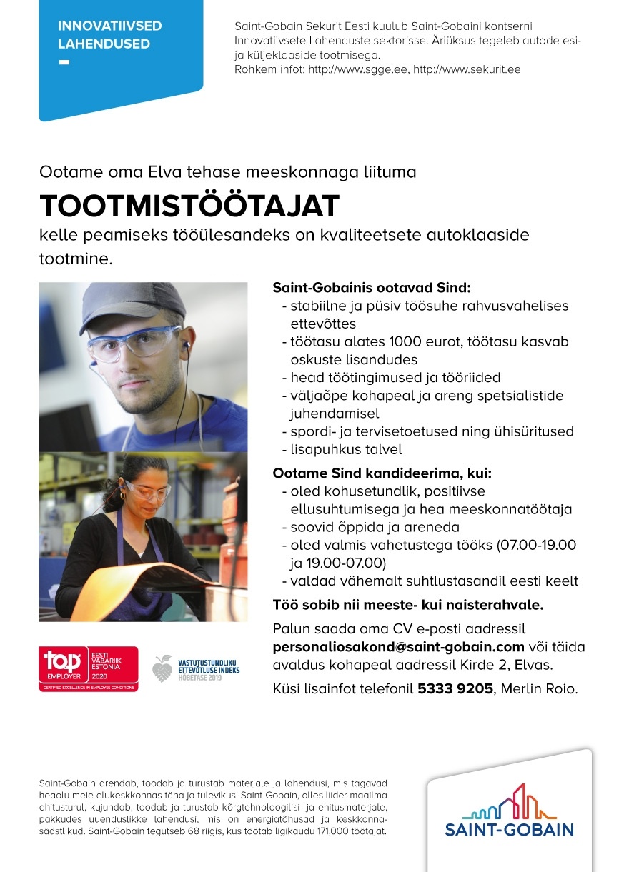 SAINT-GOBAIN GLASS ESTONIA SE Tootmistöötaja (Elvas)