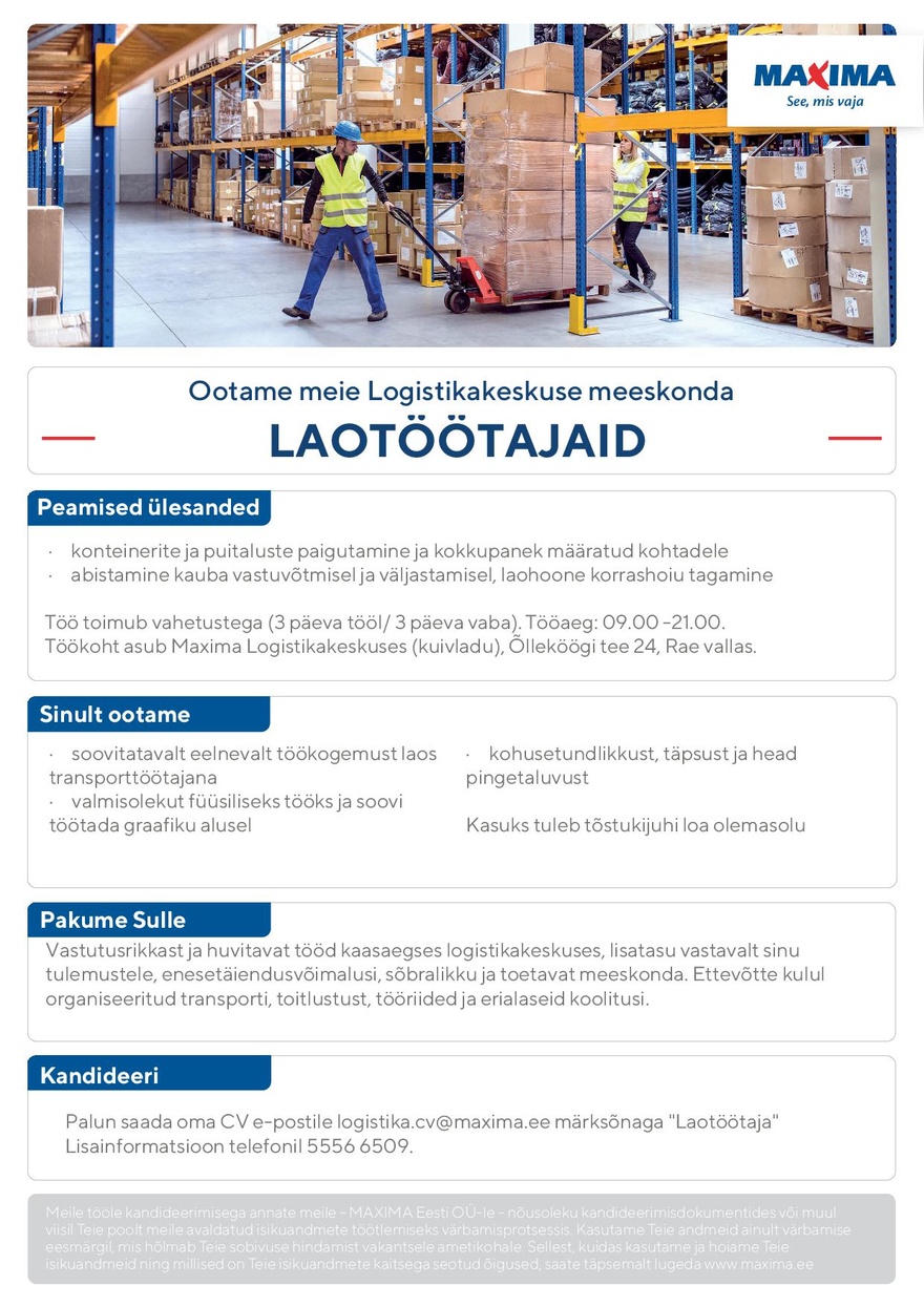 Maxima Eesti OÜ Laotöötajad Maxima Logistikakeskuses (kuivladu)