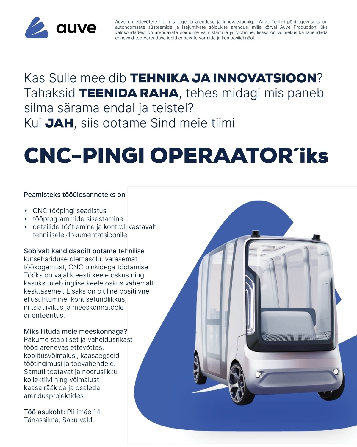 Auve Production OÜ CNC-pingi operaator