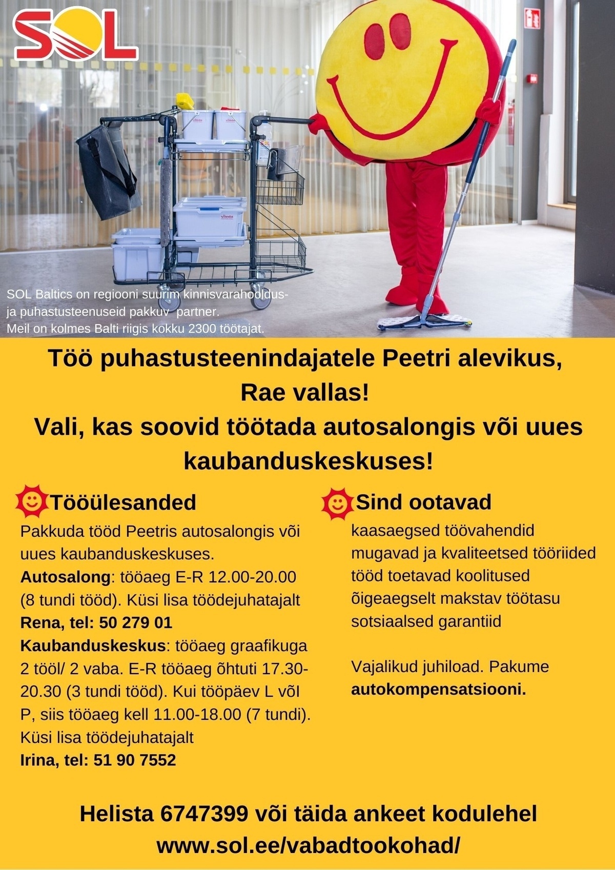 SOL BALTICS OÜ Puhastusteenindajad Peetri alevikus, Rae vallas! Pakume autokompensatsiooni.