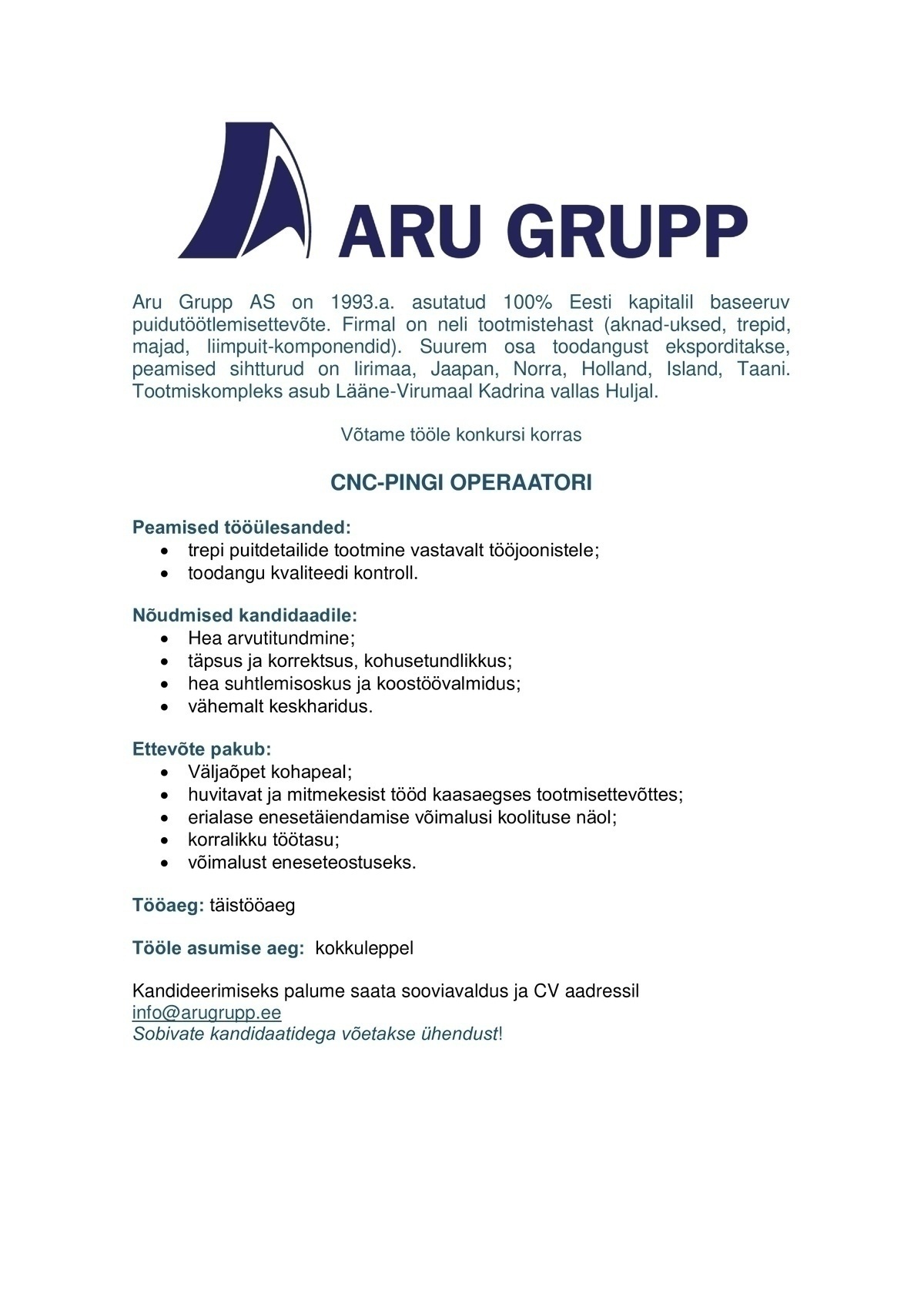 Aru Grupp AS CNC - Pingi operaator