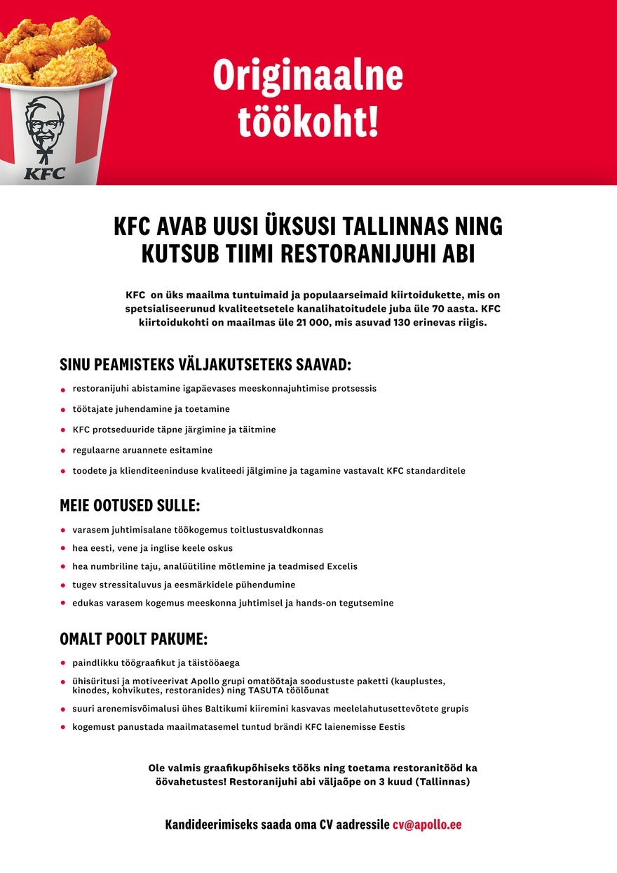 APL Fresh Food OÜ KFC kutsub tiimi pühendunud RESTORANIJUHI ABI