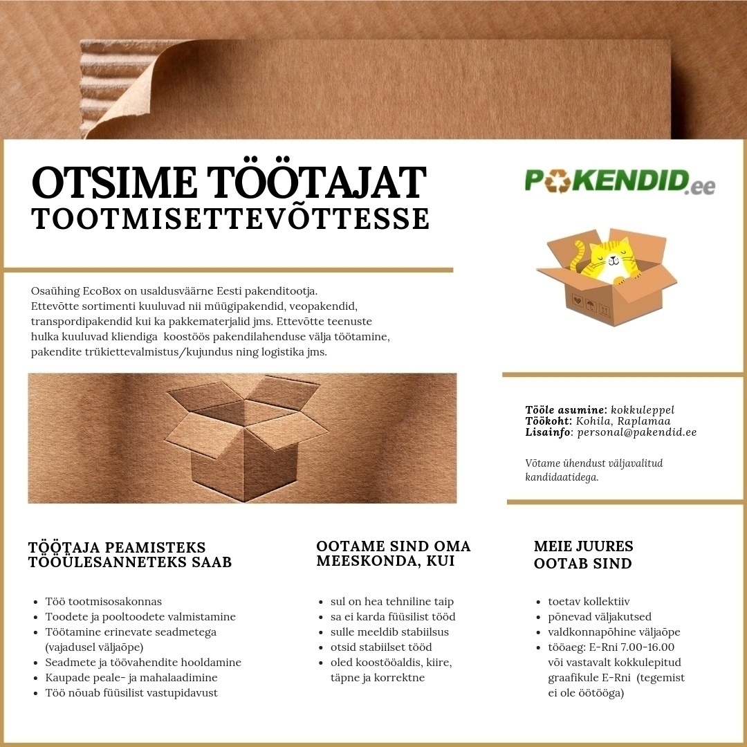 ECOBOX OÜ Otsime TÖÖTAJAT tootmisettevõttesse