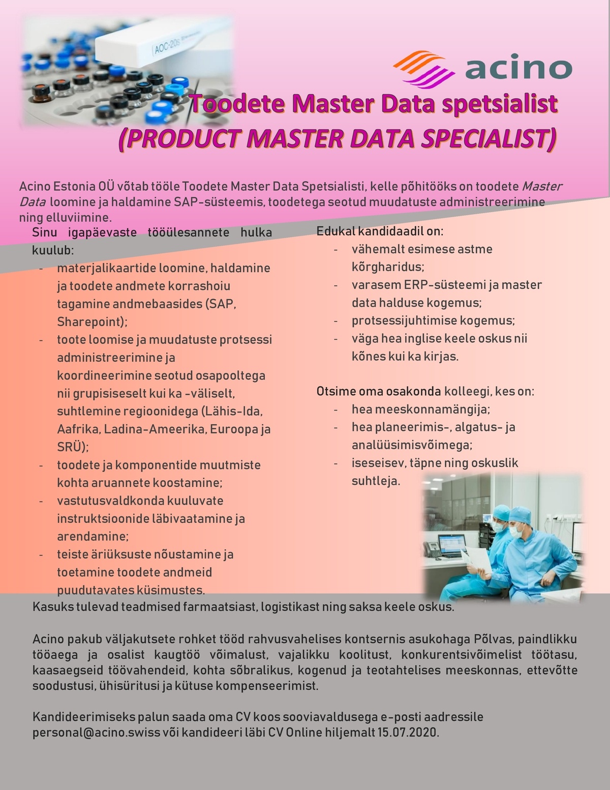 Acino Estonia OÜ Toodete Master Data Spetsialist