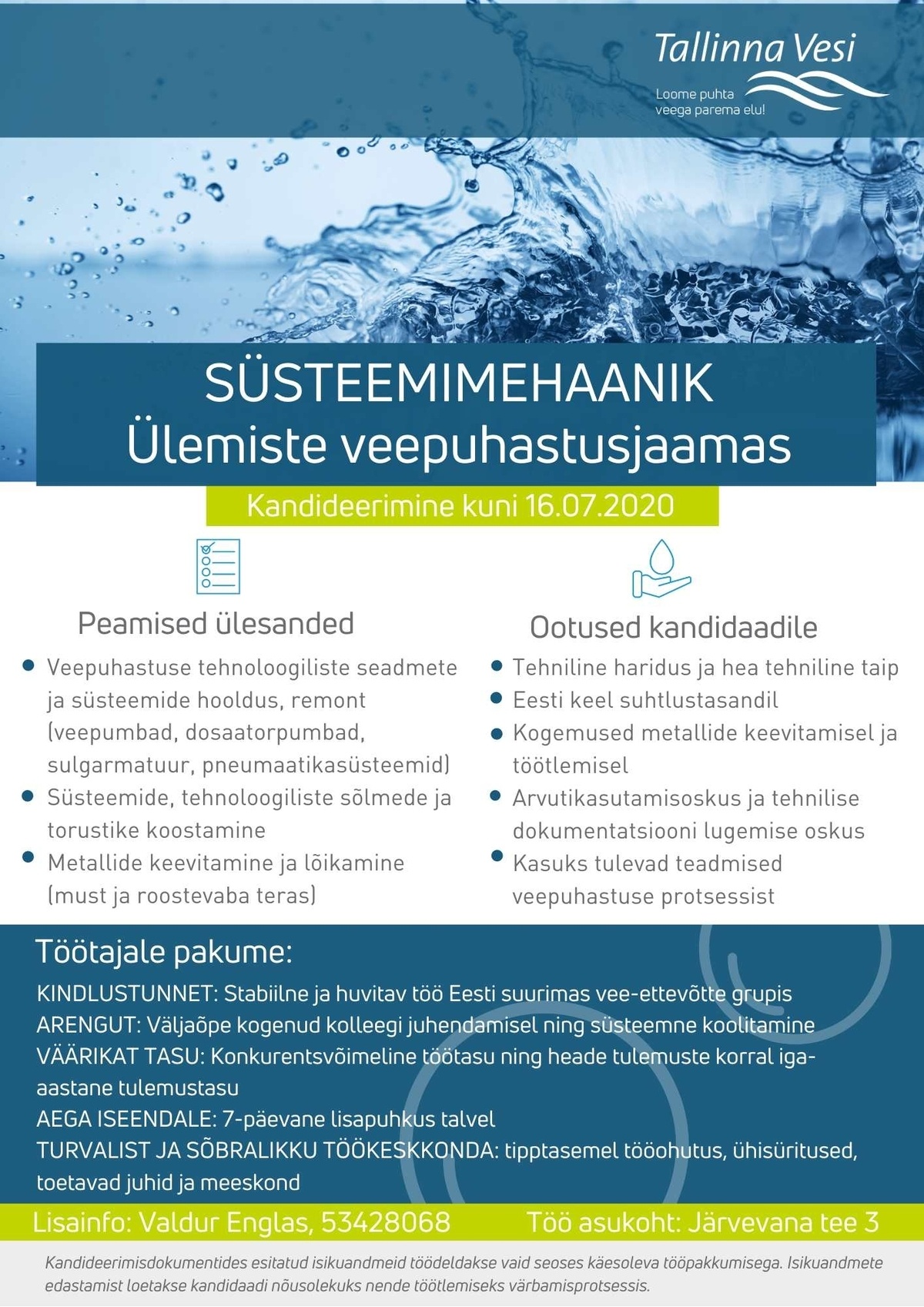 Tallinna Vesi AS Süsteemimehaanik (Ülemiste veepuhastusjaamas)
