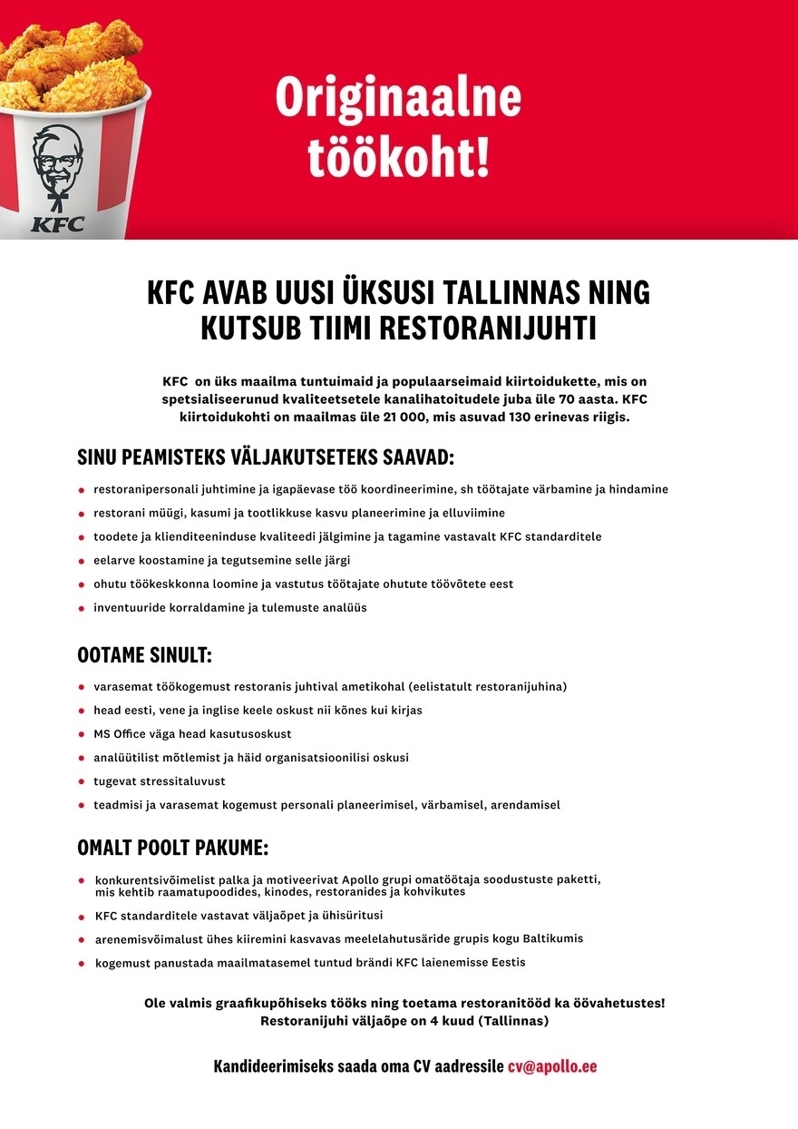 APL Fresh Food OÜ KFC kutsub tiimi pühendunud RESTORANIJUHTI