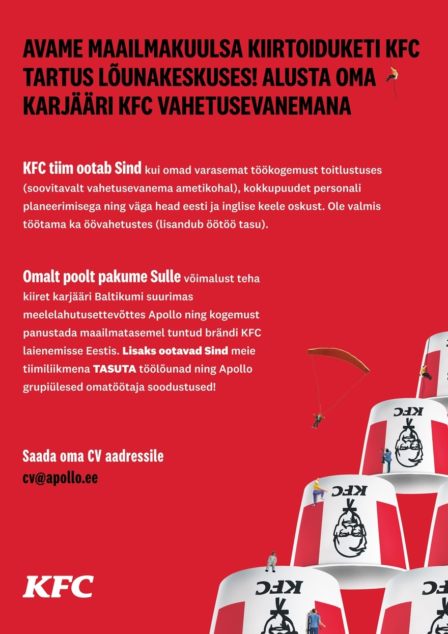 APL Fresh Food OÜ KFC Tartu kutsub tiimi VAHETUSEVANEMAT