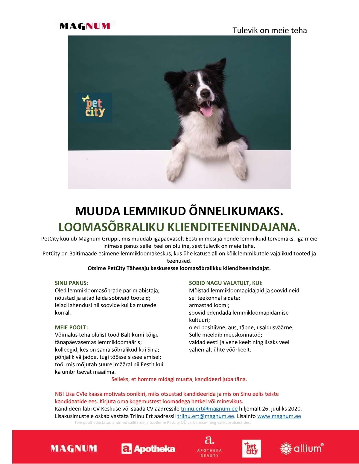 Pet City OÜ Klienditeenindaja Tähesaju keskusesse