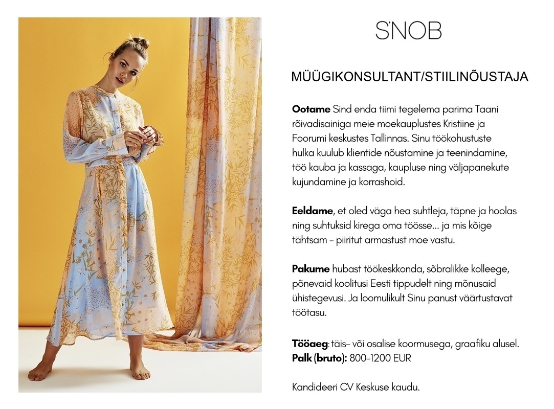 SNOB Baltics OÜ Klienditeenindaja / stiilinõustaja