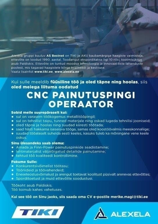 Bestnet AS CNC–painutuspingi operaator Paldiski linna