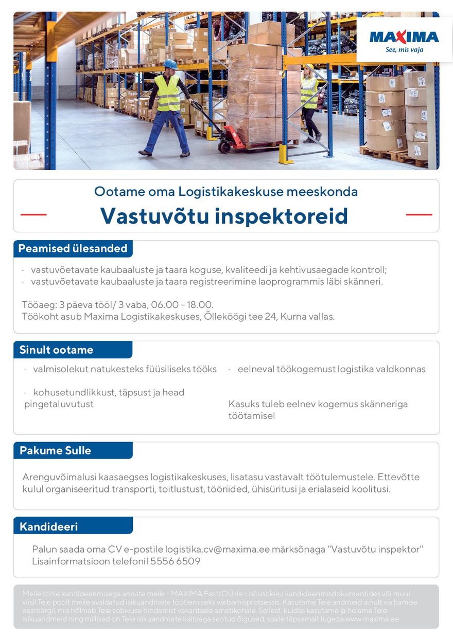 Maxima Eesti OÜ Vastuvõtu inspektor Maxima Logistikakeskusse (kuivladu)