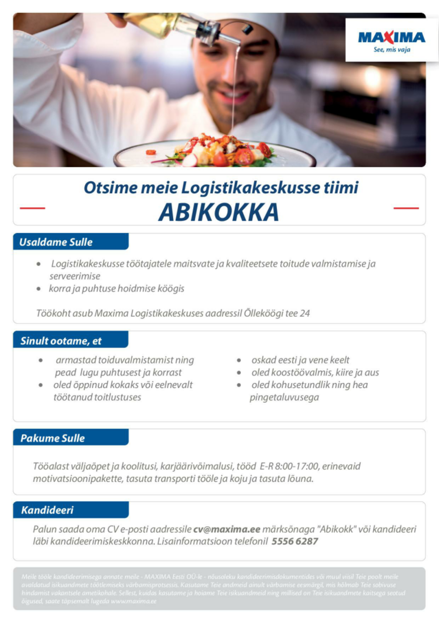 Maxima Eesti OÜ Abikokk Maxima Logistikakeskusse