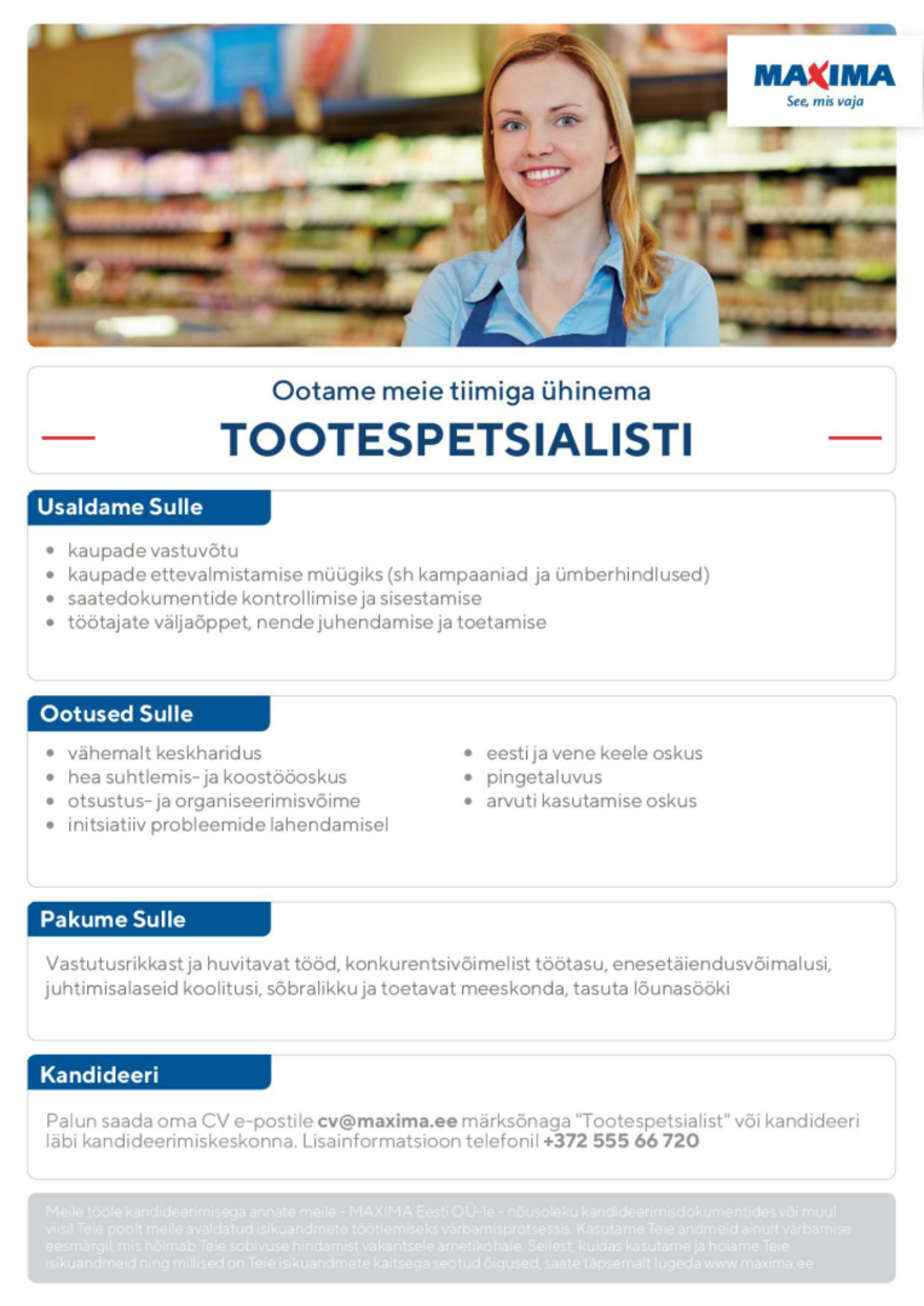 Maxima Eesti OÜ Tootespetsialist Haabersti Maximasse