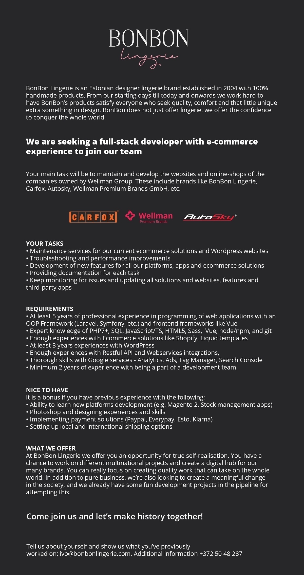 BonBon Lingerie OÜ Full-stack developer with e-commerce experience 