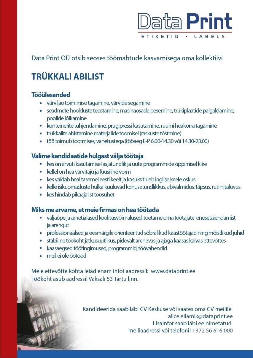 Data Print OÜ Trükkali abiline