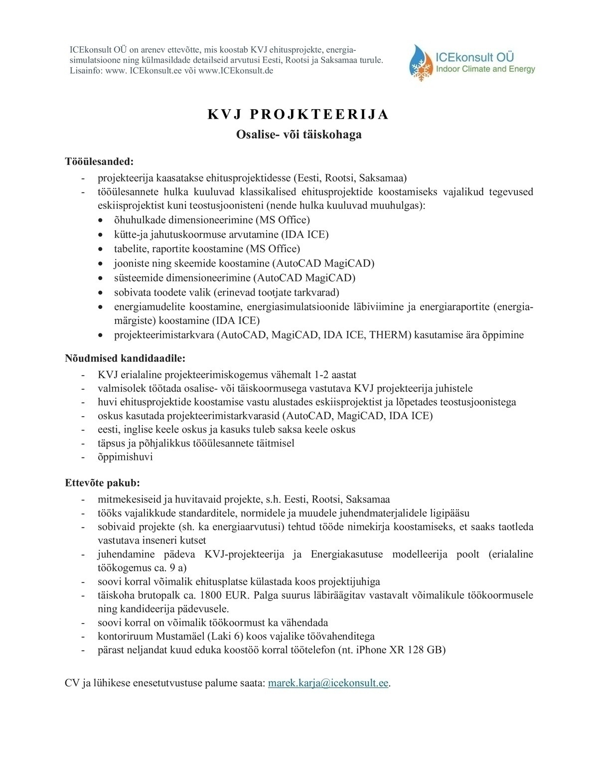 ICEkonsult OÜ Kütte-, ventilatsiooni ja jahutuse projekteerija (KVJ projekteerija)