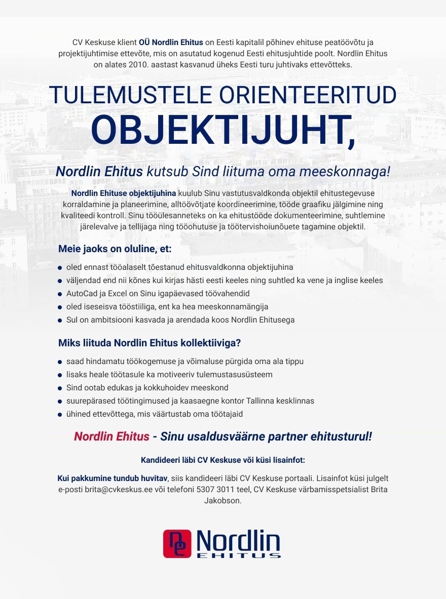 Nordlin Ehitus OÜ Ehituse objektijuht