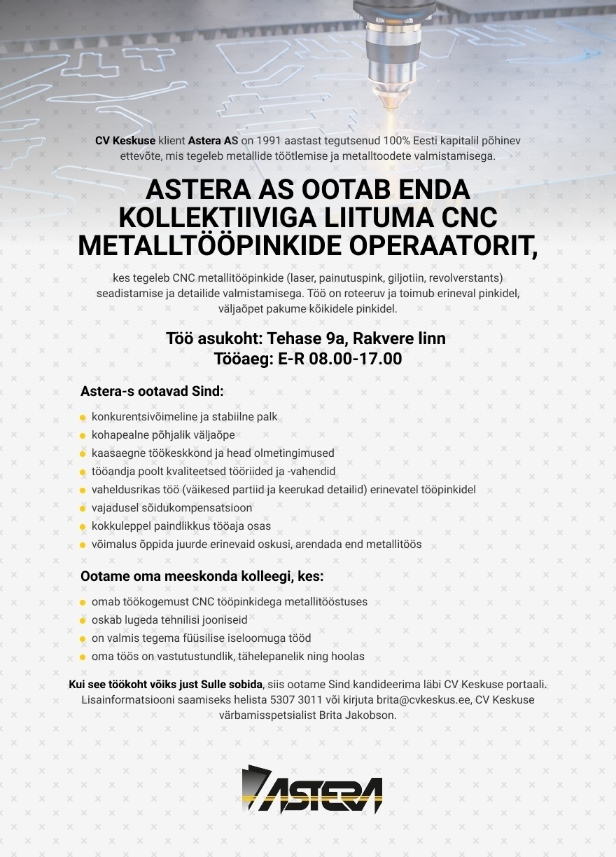 Astera AS CNC metalltööpinkide OPERAATOR