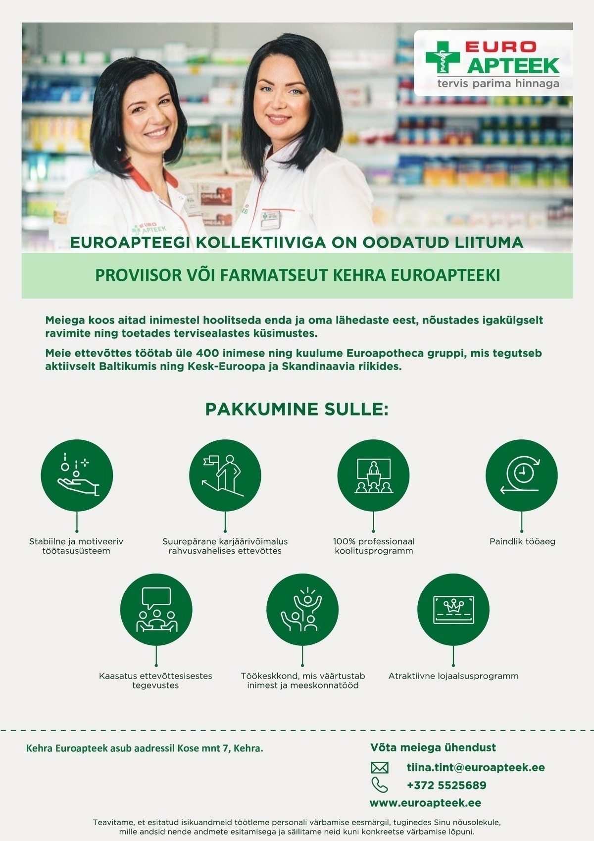 Euroapteek OÜ Proviisor või farmatseut Kehra  apteeki