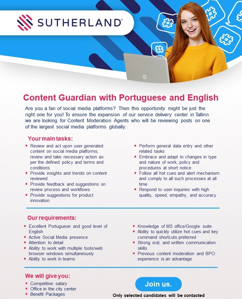 SUTHERLAND GLOBAL SERVICES OÜ Content guardian with Portuguese and English