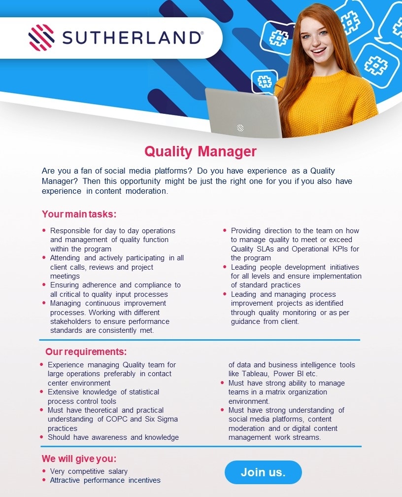 SUTHERLAND GLOBAL SERVICES OÜ Quality Manager