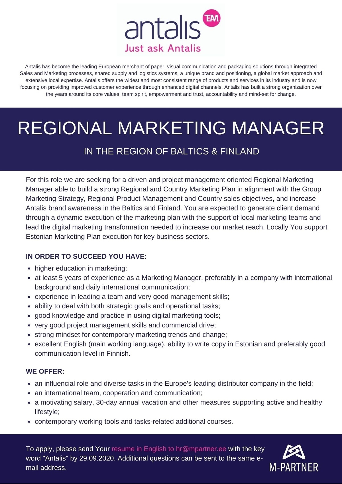 M-Partner HR OÜ Regional Marketing Manager (Antalis)