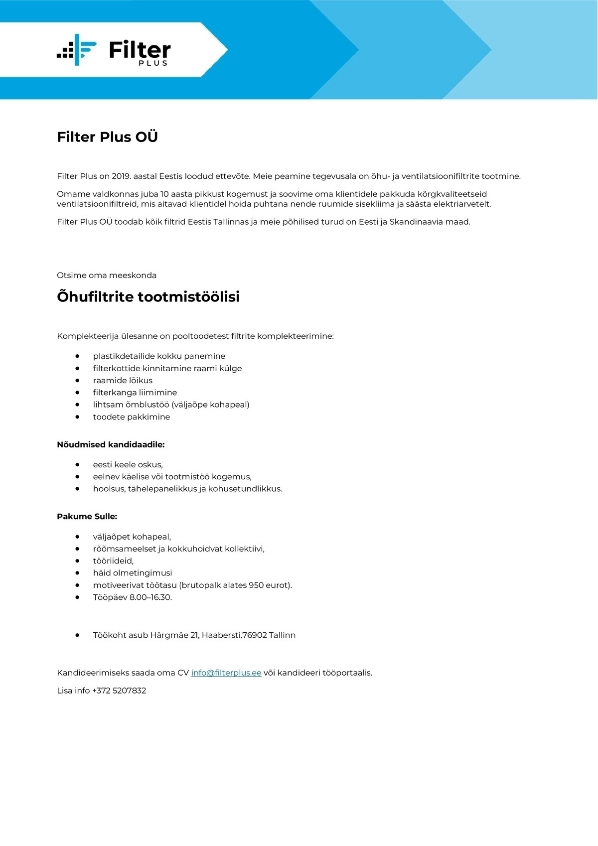 Filter Plus OÜ Õhufiltrite tootmistööline
