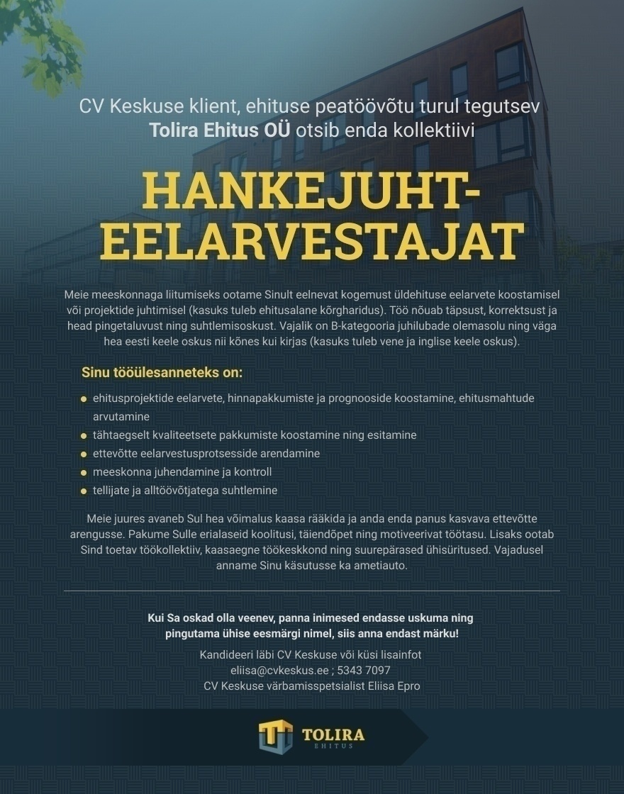 TOLIRA EHITUS OÜ Hankejuht-eelarvestaja